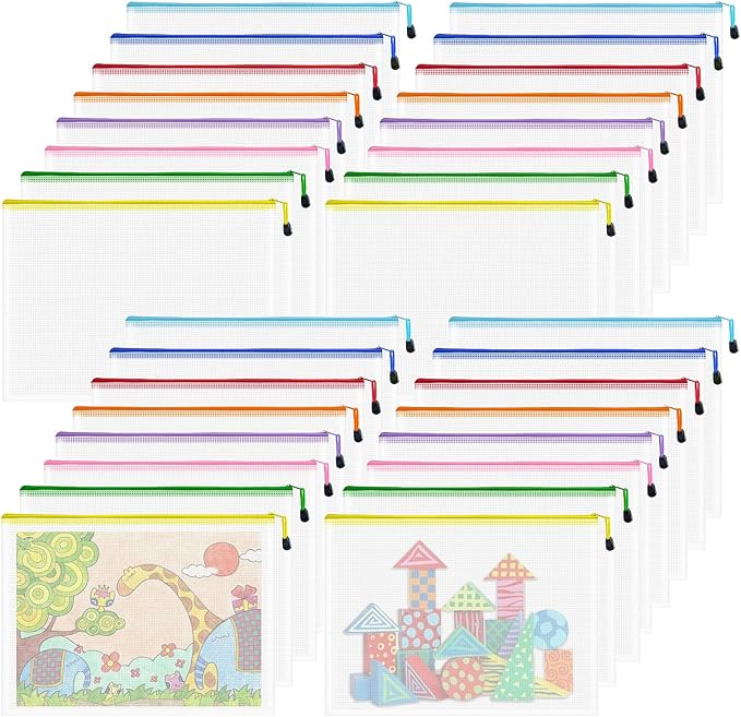 VVCO Mesh 32pcs Zipper Pouch Bags - A3 Size, 8 Color Mesh Zipper Pouches for Organizing, Board Game, Travel, School & Office