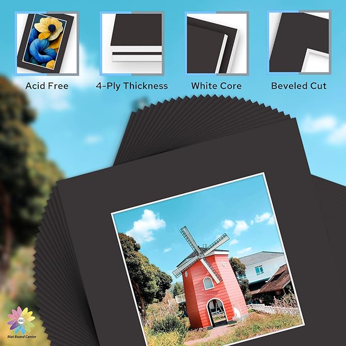 Mat Board Center, Pack of 25, 12x12 for 8x8 Black Mat Kit - Acid Free, 4-ply Thickness, White Core - Includes Backing Boards and Clear Bags - for Pictures, Photos, Framing