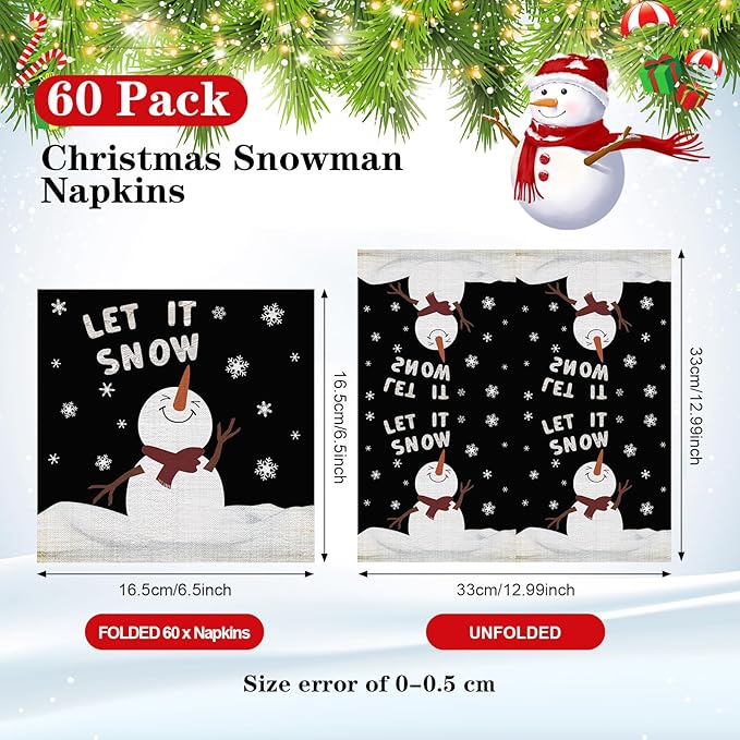 60 Pcs Snowman Cocktail Paper Napkins 6. 5 x 6. 5 Inches Disposable Paper Napkins Dessert Beverage Napkin for Decoupage Luncheon Napkin for Party Wedding Birthday