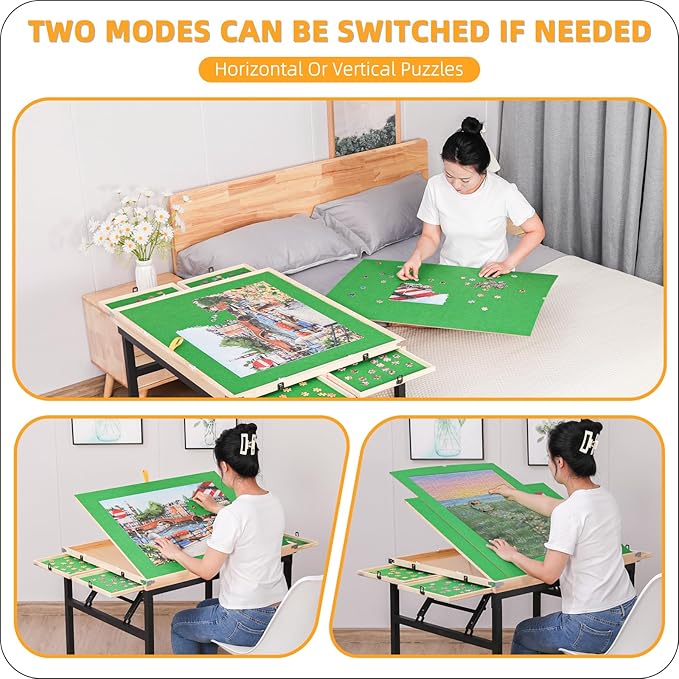 Puzzle Table and Board with 4 Drawers - Adjustable Tilting Angle, Wheels & No Assembly Folding Legs for 1500 Piece Jigsaw Puzzles - Wooden Cover Protection for Adults, Moms & Crafters