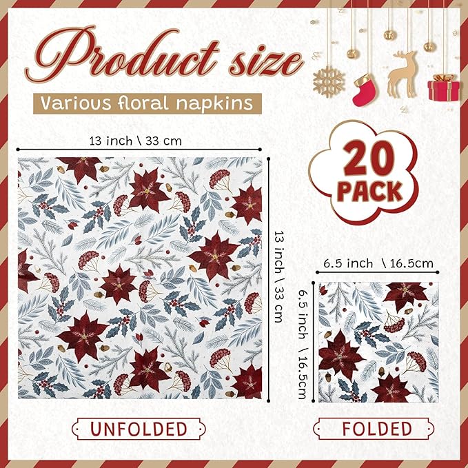 Crtiin 20 Pack Assorted Christmas decoupage napkins Santa Snowman Tree Napkins Decorative Beautiful for Birthday Xmas Winter Party Supplies, 20 Styles Each 6.5 Inches