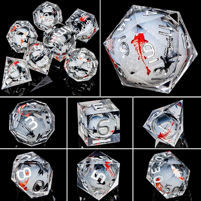 ARUOHHA DND Dice Set Liquid Core Koi Fish Sharp Edged Dragons Dice Compatible with D&D Role Playing Game, RPG Handmade Resin Dungeons Polyhedral D and D Dice Set D20 D12 D10 D8 D6 D4