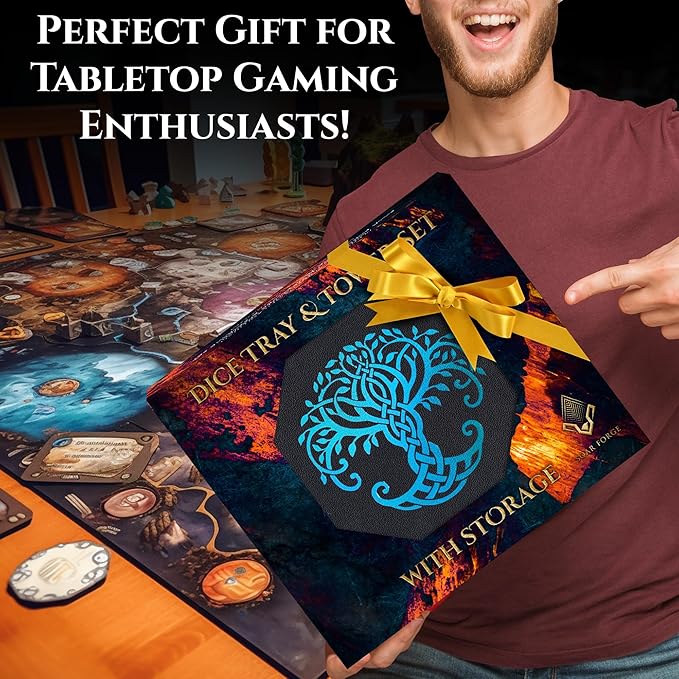 Dice Tray and Dice Tower for DND and RPG - All-in-One Game Roamer Tray & Large Tower for Random Rolls - Stores Your Sets, Mini's and More Compatible with D&D (Blue Tree)