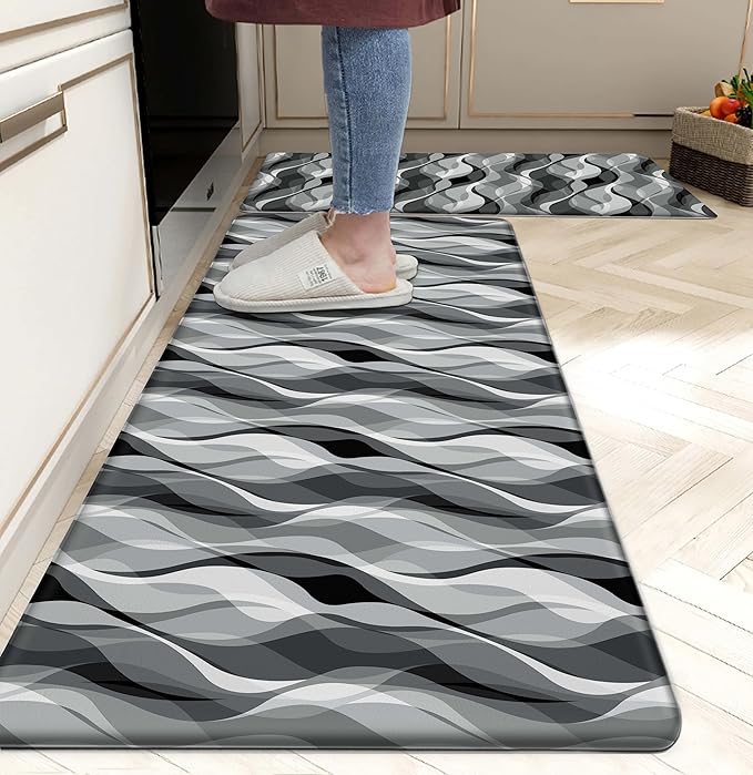 weesire Kitchen Mats for Floor Modern Abstract Kitchen Rugs Grey Stripe Anti Fatigue Kitchen Mats Waterproof Floor Mats Cushioned Non-Skid Standing Mats for Kitchen, Set of 2,17.3 x 28+17.3 x 47