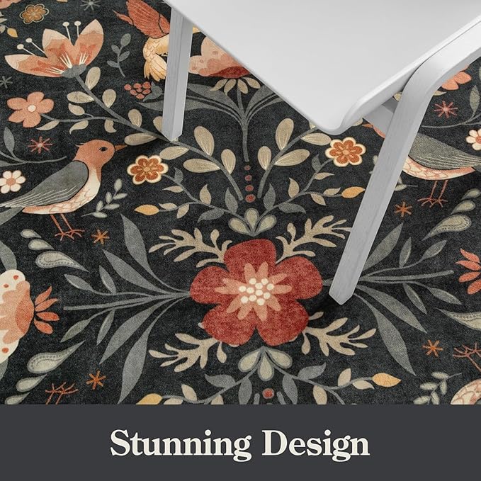 Morebes Washable Black Floral Rug 5x7, Flower Birds Area Rugs for Living Room Non Slip, Soft Low-Pile Indoor Floor Insect Print Throw Carpet for Bedroom Dining Playroom Home Office, Black/Multi