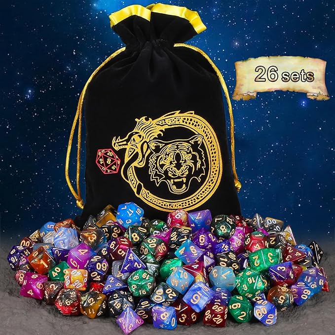 CiaraQ DND Dice Sets - 26 X 7 Polyhedral Dice (182pcs) with a Large Drawstring Bag for Dungeons and Dragons, Role Playing Table Game. Multiple Colors, Glitter Swirl Design with Gold Numbers.
