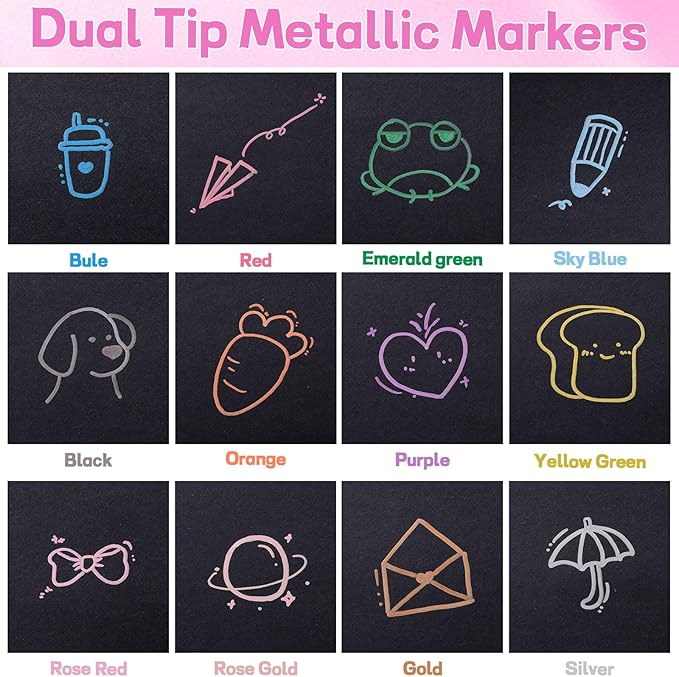 12 Pack Metallic Markers, Dual Tip Glitter Pens for Black Paper & Rock Painting Metallic Acrylic Paint Markers for DIY Crafts, Scrapbooking, Glass, Wood, Cards Alcohol Based Quick Dry Ink