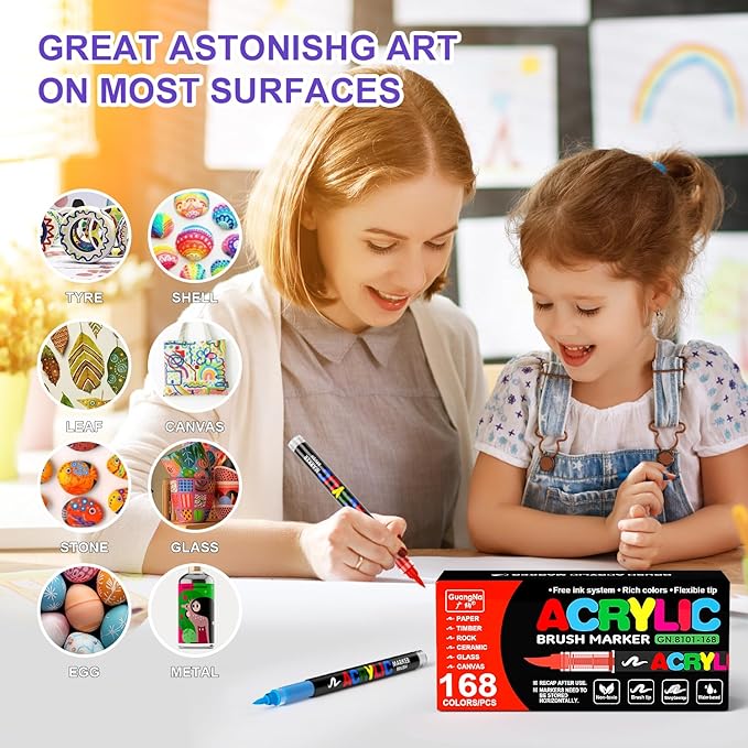 DICEKOO 168 Colors Acrylic Paint Markers, Soft Brush Tip Pens with Automatic Ink Control System, Waterproof, Quick-Drying, Lightfast, for Rock Painting, Canvas, Wood, Egg & DIY Crafts Art Supplies