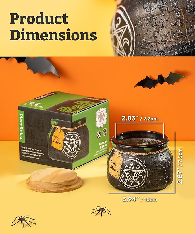 PieceRelax 3D Puzzle Jar 64 Plastic Pieces for Adults - Witches Brew - Wooden Lid Container for Kitchen Dining Study Living Room No Glue Requied Small [BC1022]