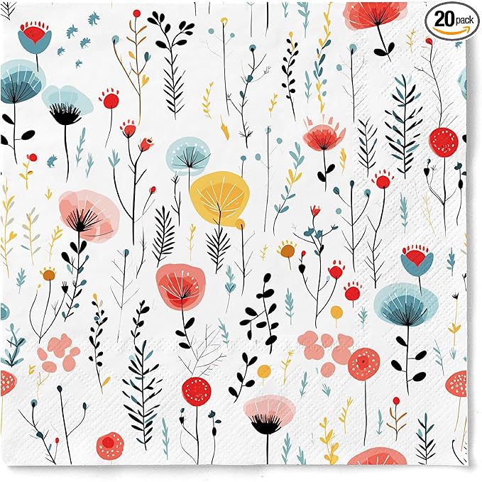 20 pcs Premium Designer Paper Napkins, 3-Ply 6.5x6.5-inches Disposable Decorative Fall Paper Guest Floral White Napkin for Wedding Birthday Anniversary Lunch Dinner Party Baby Shower