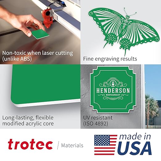 Trotec TroLase | 12"x12"x1/16", 8 Pcs | Bright Green/White | 2 Ply | Modified Acrylic | Laser Engraving Double Color Plastic Sheet | Engraving Blanks for Laser, Saw, Guillotine | Made in USA