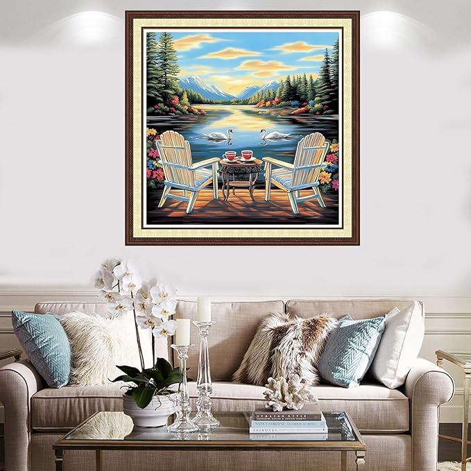 Findvoor Counted Cross Stitch Kits for Adults Full Range of Cross Stitching Embroidery Unprinted Pattern for Beginners, 11CT Needlepoint Kit Patterns Embroidery Kits-Watching Swans by Lake 18x18 inch