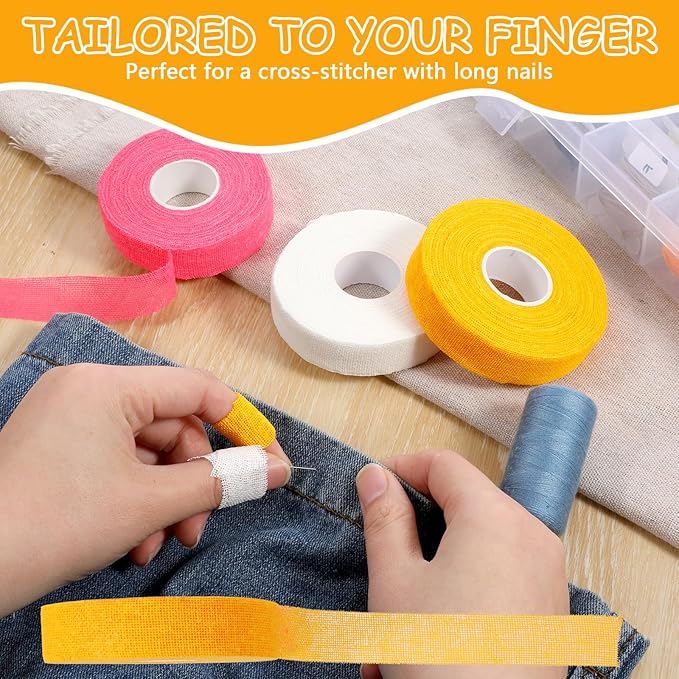 Bewudy 3 Rolls Thimble Tape for Hand Sewing, Sewing Thimble Finger Protector Tape Breathable Cotton Gauze Thimble Tapes Knitting Bandage Wrap for Quilting Crocheting Embroidery