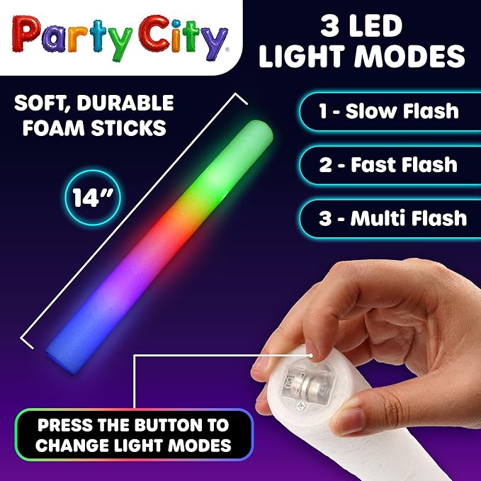Party City 48pk LED Foam Glow Sticks 14”- Glow in the Dark Party Supplies Favors, Colorful Flashing Wand with 3 Modes, Foam Light Up Sticks Bulk Party Pack for Wedding, Birthday, Concert, Halloween