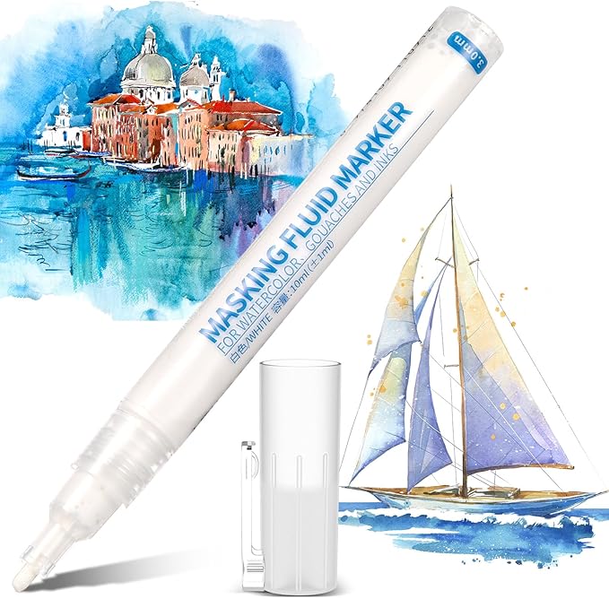 2 Pcs Masking Fluid Pen for Watercolor Painting, Capacity with Applicator Tip, Masking Fluid Marker for Various Art Projects Watercolor Ink(White,3mm)