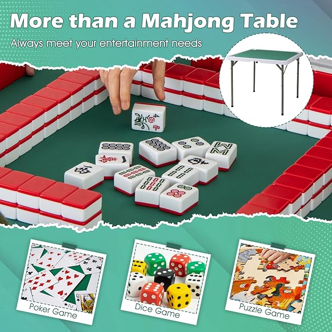 Giantex Folding Mahjong Table, 35" Square Card Table with Cup Holders, Removable Noise Reduction Mat, HDPE Tabletop, 4-Player Portable Domino Tables for Poker Blackjack Board Game (Pure Green)
