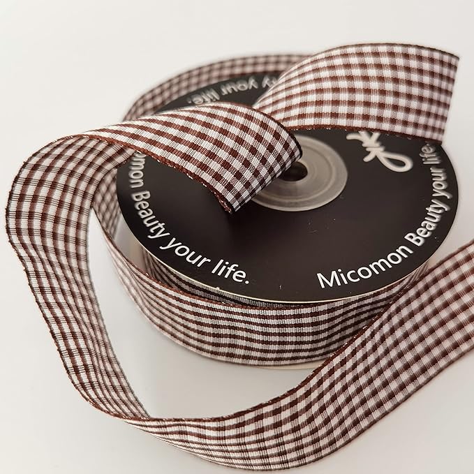 Brown Gingham Plaid Checked Ribbon 25 Yard Each Roll 100% Polyester (1", Brown)