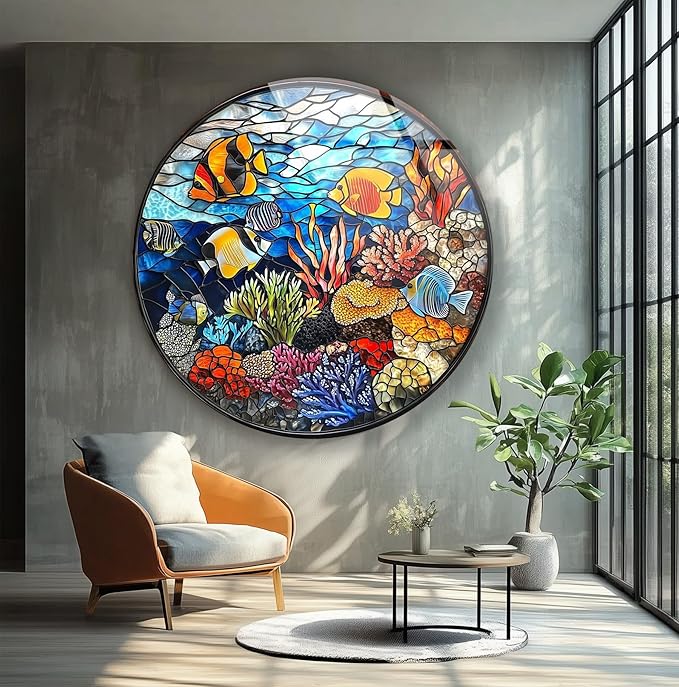 My Photostation.com 10''(25cm) Diameter Coral Reef Mosaic Round Glass Wall Art Tempered Glass Printing Wall Decor Large Wall Art Wall Hangings