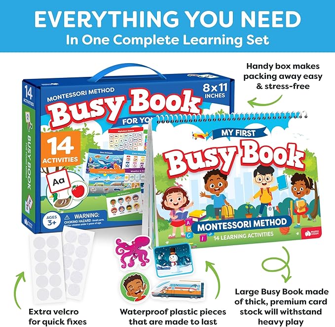Montessori Preschool Busy Book for Toddlers Ages 3 and Up - Preassembled - Preschool Learning Activities Homeschool Montessori Toys - 3 Year Old Boy Gift - 3 Year Old Girl Christmas Birthday Gift