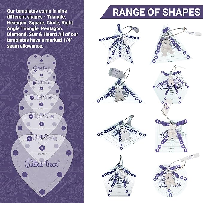 The Quilted Bear Triangle Quilting Templates – 8 Clear Non-Slip Acrylic Quilt Templates for Precise Fabric Cutting & Stress-Free Machine Quilting - Ideal for Quilt & Sewing Supplies (¾–3")