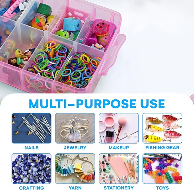 Bins & Things Bead Organizer with Adjustable Compartments - Durable Toy Organizers and Storage Solution for Dolls, Crafts, Mini Toy Figures, Jewelry and Beads - 4 Tier, 40 Compartments, Pink