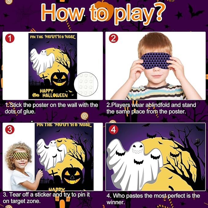 ASTARON Halloween Party Games, Pin The Mouth on Ghost Halloween Party Activities Classroom Games for Children, Kids Birthday Party Games Halloween Party Supplies