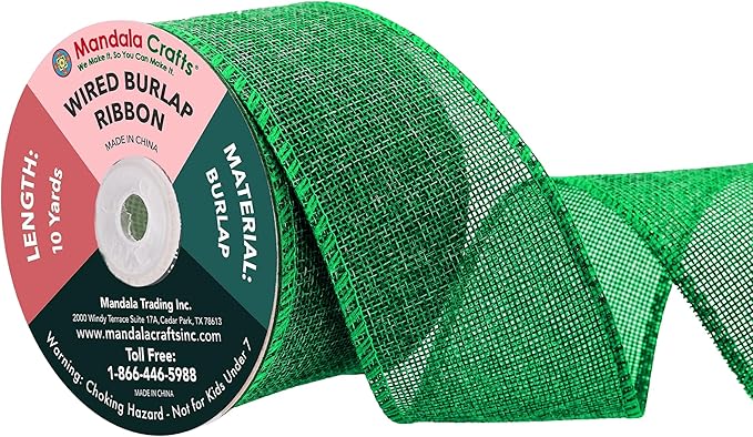 Mandala Crafts Green Burlap Wired Ribbon 2.5 Inches Wide Jute Ribbons for Crafts - 10 Yds Roll Rustic Burlap Wrap Trim Ribbons for Wreaths Bows Party Decoration