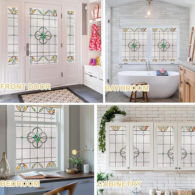3D Stained Glass Window Privacy Film, Heat Control UV Blocking Static Cling Decorative Window Film for Bathroom,Front Door,Home Non Adhesive,35.4 x 78.7 inches Verdant Whispers