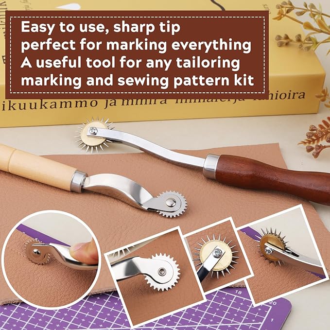 4PCS Tracing Wheel, Professional Stitch Marking Spacer, Wood and Stainless Steel Pounce Wheel for Sewing Patterns with Wooden Handle and Plastic Handle for Tracing Paper and Leather Crafts