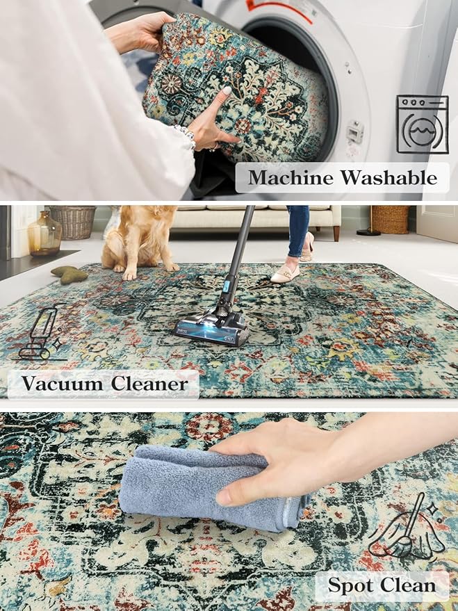 Lahome Bohemian Floral Medallion Round Rug - 3Ft Small Bedroom Round Area Rug Soft Bathroom Circle Mat, Teal Vintage Non Slip Machine Washable Entryway Carpet for Nursery Kitchen Family Room