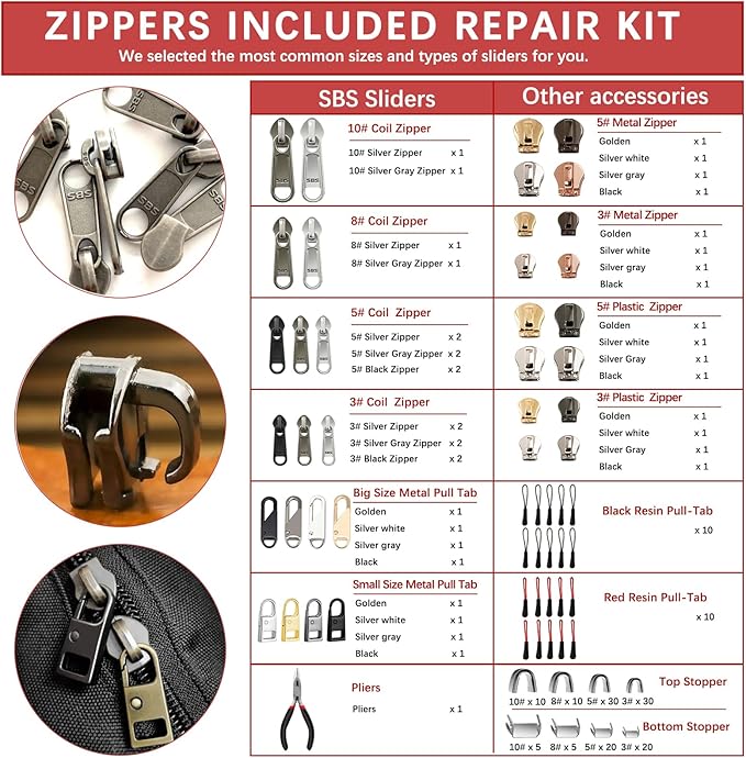 Zipper Repair Kit (188 Pcs) - Universal Fixer for Luggage, Backpacks, Jackets, Coats & Boots Includes #3#5#8#10 Sliders, Zipper Pull Replacement, Stops & Repair Tool（Non-YKK Compatible）