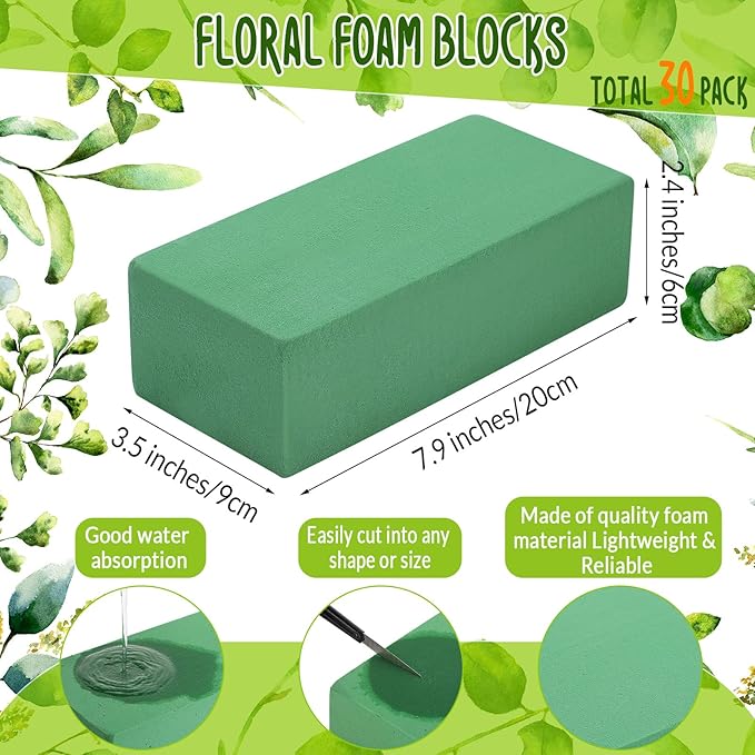Pangda 30 Pcs Floral Foam Blocks 7. 9''lx3. 5''wx2. 4"h Green Wet and Dry Flower Foam for Fresh and Artificial Flower Arrangements Bulk Florist Supplie for Wedding, Birthdays, Diys, Arts, Crafts