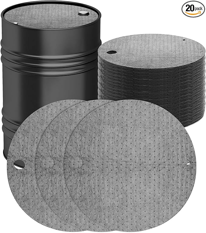AHIER 20PCS Oil Absorbent Pads, Oil Absorbing Pads for 55 Gallon Drums Barrel 22" Diameter Drum Lid Oil Mat with Holes, Gray