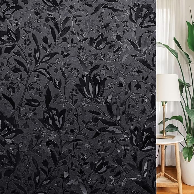 LEMON CLOUD Total Blackout Window Film Privacy Static Cling Frosted Black Window Covering 100% Opaque Film Tint Darkening Removable Film for High Privacy，(Blackout Tulip Design,17.5 x157.4 inches)