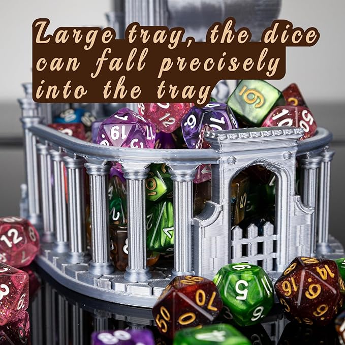 DND Dice Tower with Tray for Role Playing Game,Dungeons and Dragons,D&D,TRPG,7PCS Dice Included,Perfect Ancient Roman Castle Theme Dice Rolling Tower (Classic Grey Color)