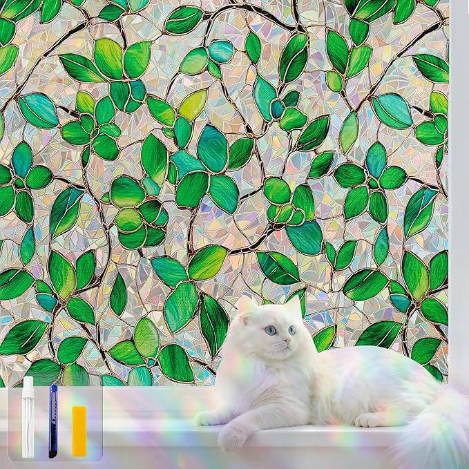 Stained Glass Window Privacy Film Decorative Rainbow Static Clings – Ideal for Home & Office, Adhesive-Free, Removable, UV-Blocking (Green Rainbow, 17.5 X 78.7 in)