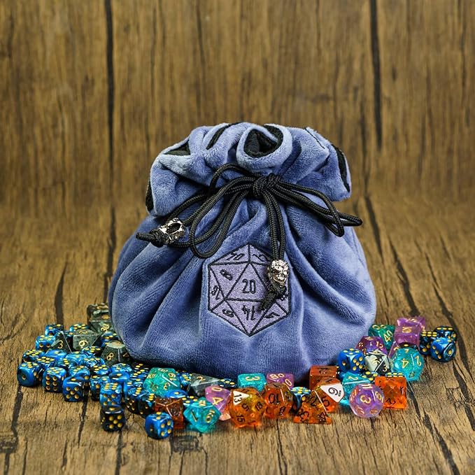 Large Dice Bags with Pockets Blue Storage Bag D20 Logo for DND RPG Game Dices (with 1lb Random DND Dice)