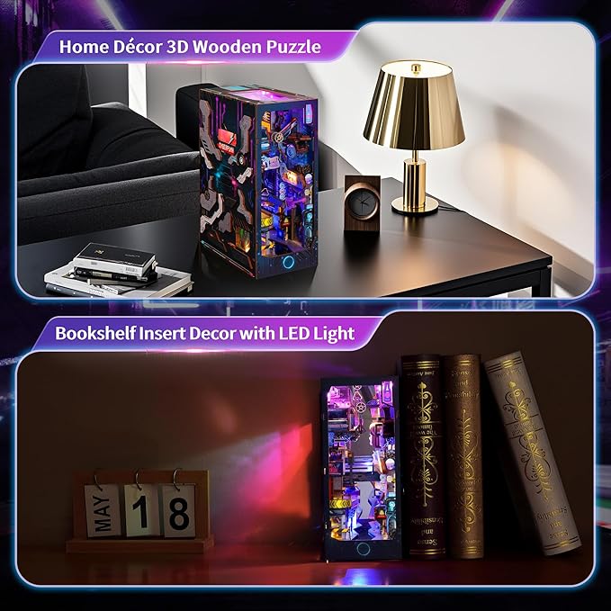 3D Wood Puzzle Book Nook Kit, Futuristic Miniature Bookshelf Insert with LED Lights, DIY Cyberpunk Bookend Décor for Display, Unique Craft for Adults and Teens (Endless Dimensions)