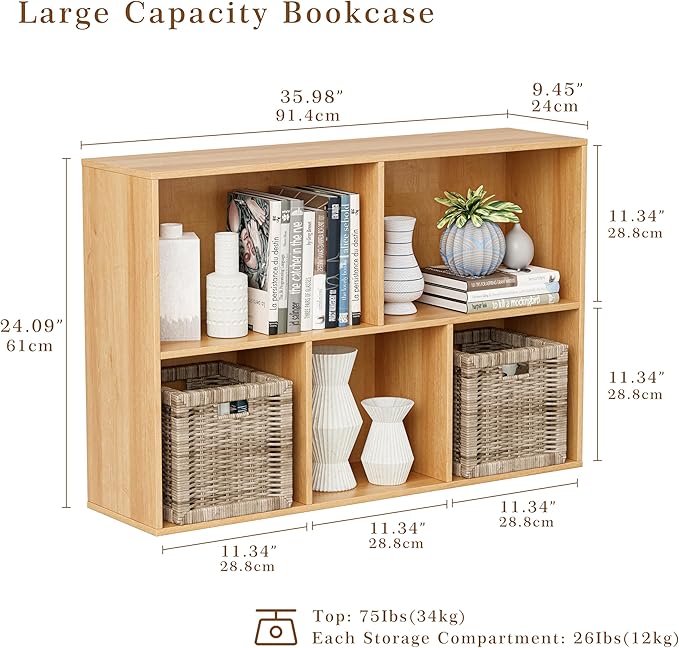 Wooden Cube Storage Organizer with Closed Back Panel, 11in Cube Shelf Opening, Bookshelf, Display Shelf,Closet Cabinet for Home and Office (Natural Oak, 5-Cube 35.98L*9.45W*24.09H)