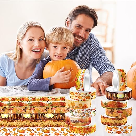 12 Pcs Thanksgiving Washi Tape Maple Leaf Print Masking Tape Pumpkin Pattern Decorative Paper Sticker for Fall Party Holiday Scrapbook DIY Craft Gift Wrapping Handbook Sticker