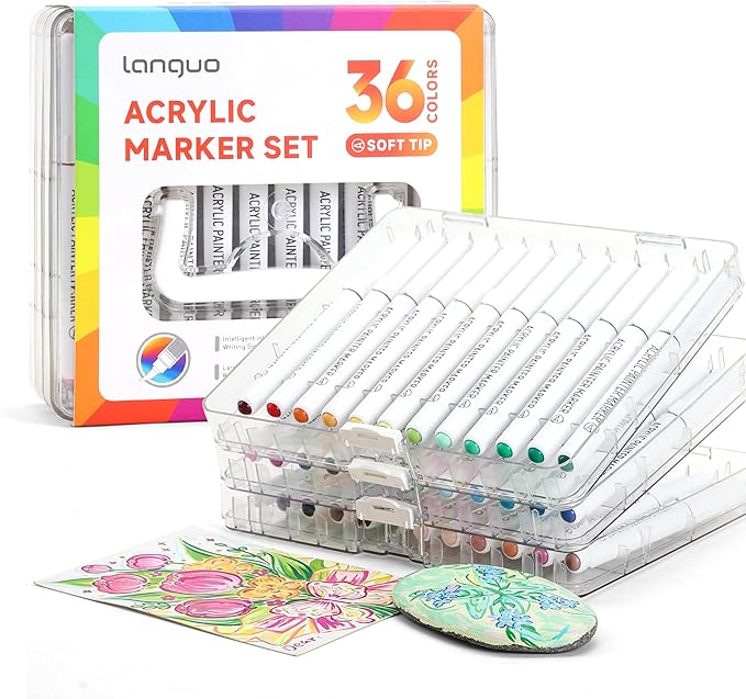 36 Colors Acrylic Paint Markers Pens Set, Soft Brush Tip Markers with Fast Drying & No-Bleed Ink, Acrylic Paint Pens for Rock, Wood, Egg, Ceramic, Fabric Painting, Art Supplies and DIY Crafts