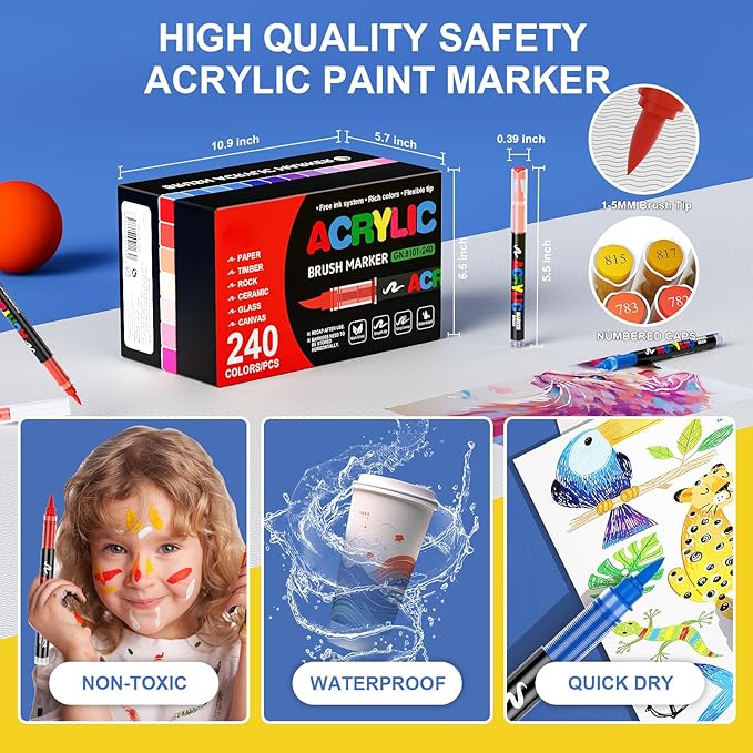 DICEKOO 240 Colors Acrylic Paint Markers, Soft Brush Tip Pens with Automatic Ink Control System, Waterproof, Quick-Drying, Lightfast, for Rock Painting, Canvas, Wood, Egg & DIY Crafts Art Supplies