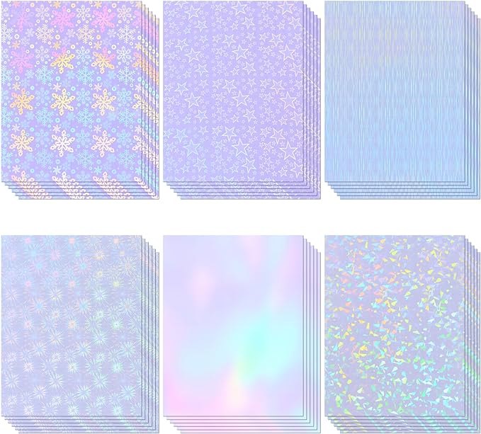 36 Sheets Holographic Sticker Paper, Clear Vinyl Laminate Film for Stickers Waterproof, Transparent Overlay Lamination Sticker Paper Self-Adhesive, 6 Patterns-8.5x11 Inch