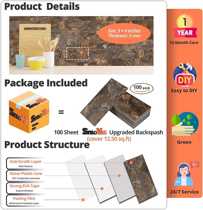 4 Pieces Peel and Stick Backsplash for Kitchen, 3" x 6" PVC Subway Tile 2024 Upgraded Rust Slate Backsplash Stick on Tile Elevate Kitchen, Bathroom, Fireplace,RV