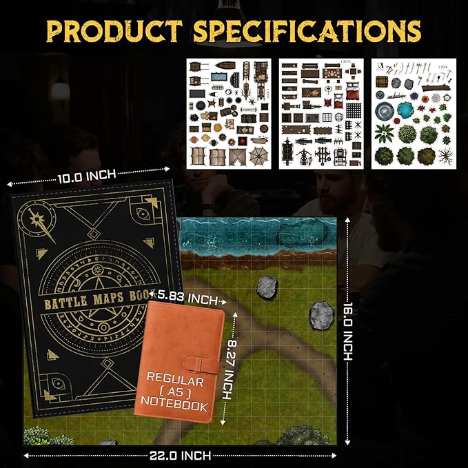 CZYY DND Battle Map Book – 32 Reusable Dry/Wet Erase Mats with 100+ Scenery Decals, 1" Grid & Lay-Flat Binding - Portable RPG Terrain Kit for Campaigns, Game Night & Miniature Battles (Style A)
