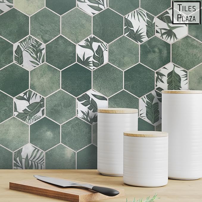 The Tiles Plaza 10-Sheet Peel and Stick Backsplash, Green Cement Hexagon Stone Composite Marble Looks Self Adhesive Wall Tile, Stick On Tiles for Kitchen Bathroom Shower, Cover 9 Sq Ft.