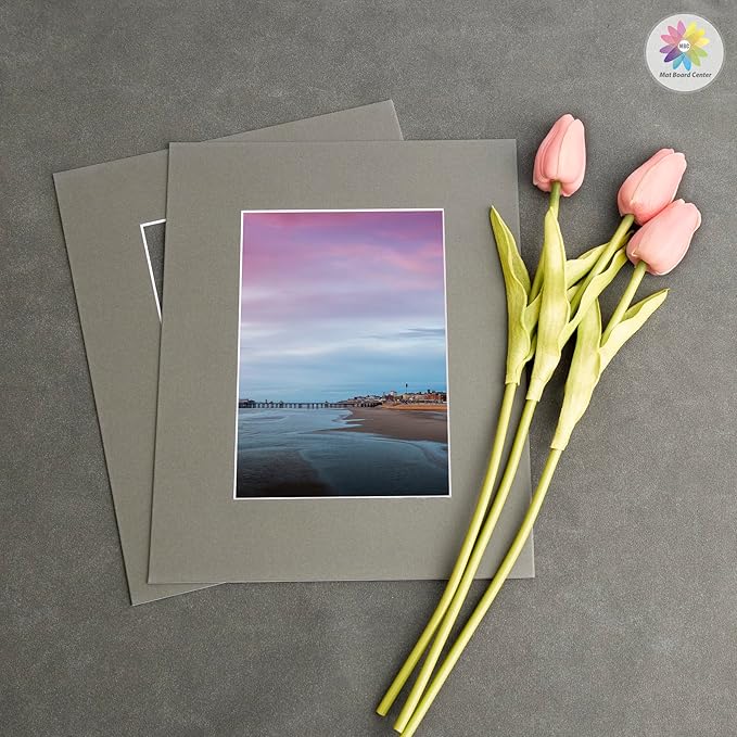 Mat Board Center, Pack of 10, 8x10 for 5x7 Gray Color Mats - Bevel Cut, Acid Free, 4-ply Thickness, White Core - for Pictures, Photos, Framing