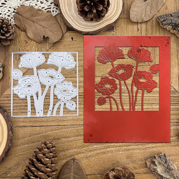 Lapoo Flowers Metal Cutting Die for Scrapbooking - Durable, Cut Stencils for DIY Scrapbook Photo Album Decorative Paper Card, Card Making Supplies, Embossing (Poppy Square 4.2 x 3.6 in)