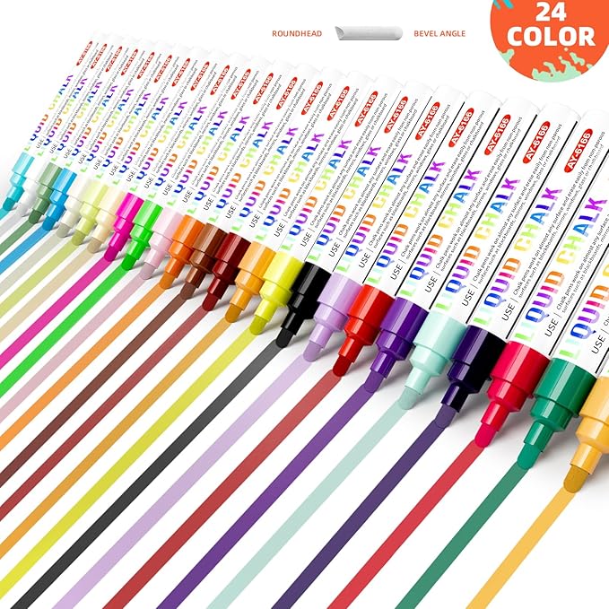 Chalk Markers for Blackboard 24 Colors Wet-Dry Erasable Liquid Chalk Marker, Dust Free Chalk Pen with 6mm Reversible Bullet & Chisel Tip for Car, Window, Glas, Whiteboard, Chalkboard, Mirror, Calendar