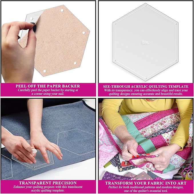 Hexagon Quilting Template Set - 8" with 1/4" Seam Allowance - Durable Acrylic Templates for Quilting, Patchwork, Crafting, & Sewing Projects - Clear Templates for Accurate Designing